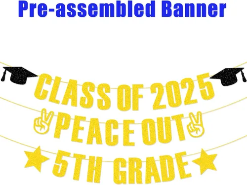Vista 2 de Banner de 5º grado de clase de 2025, pancarta de graduación de 5º grado con purpurina dorada, decoraciones de fiesta de graduación de 5º grado 2025