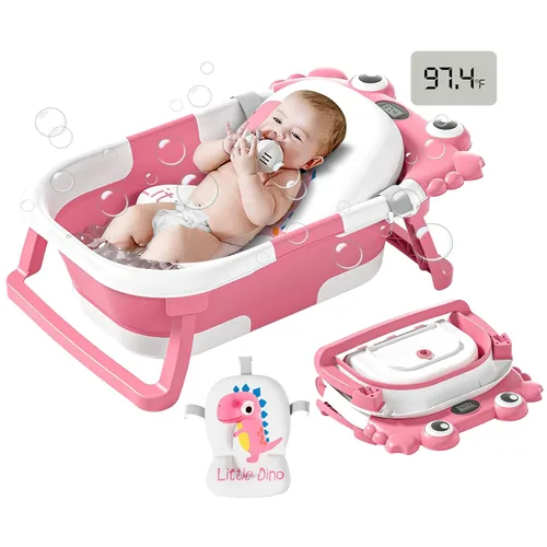 Vista 14 de Bañera plegable para bebés desde recién nacidos hasta niños pequeños con monitor de temperatura en tiempo real + cojín flotante, juego de bañera