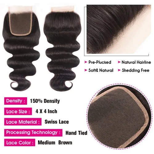 Vista 4 de Paquetes de Ondas Corporales con Cierre para Mujeres Negras (10 12 14+10) 100% Cabello Humano Brasileño de Ondas Corporales Sin Procesar 3 Paquetes