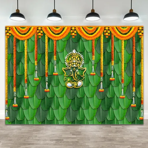 Vista 4 de Pooja Telón de Fondo Tela de Decoración Artículos Indios Ganpati Puja Tradicional Chatiya Ganesh Mehndi Fotografía Fondo Festival Boda Fiesta