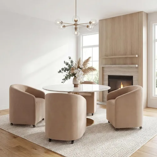 Vista 13 de Sillas de comedor de barril con ruedas, sillas tapizadas de lino beige para comedor y cocina, sillón lateral moderno con ruedas para dormitorio