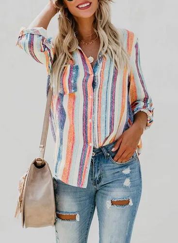 Vista 3 de Astylish - Camisa a rayas para mujer con cuello en V, blusa con mangas enrollables y botones