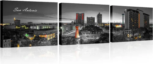Vista 62 de 3 paneles de Atlanta Skyline vista de la ciudad en blanco y negro, imágenes panorámicas de edificio de ciudad, decoración de pared para sala