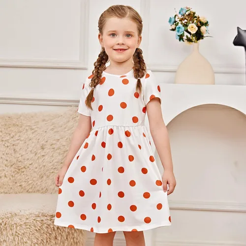 Vista 4 de PATPAT Paquete múltiple de vestidos florales para niña pequeña, paquete de 23 unidades, a lunares, manga corta, vestido de corte en línea A