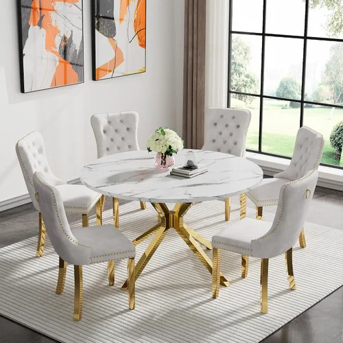 Vista 28 de Juego de 5 mesas de comedor, juego de mesa de cocina y comedor para 4, mesa de cocina rectangular de mármol sintético blanco de 47 pulgadas con base