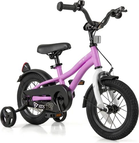 Vista 17 de BABY JOY Bicicleta deportiva de 12, 14, 16, 18 pulgadas, con ruedas de entrenamiento, asiento ajustable, freno de mano y freno de posavasos