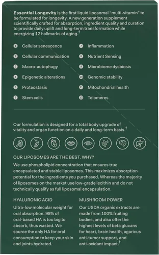 Vista 5 de Essential Longevity - Pila 100% liposomal 15 en uno. Precursor NAD+ Nicotinamida, Quercetina, C, D3, B12, glicinato de magnesio, melena de leones