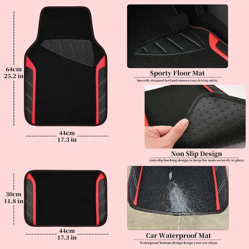 Vista 4 de CAR PASS Funda para volante de cuero y alfombrillas de coche impermeables, combo universal de microfibra para coche, diseño deportivo antideslizante