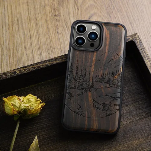 Vista 8 de Carveit Funda magnética de madera para iPhone 14 Pro Max [madera natural y TPU suave negro] Funda protectora de madera única y elegante a prueba