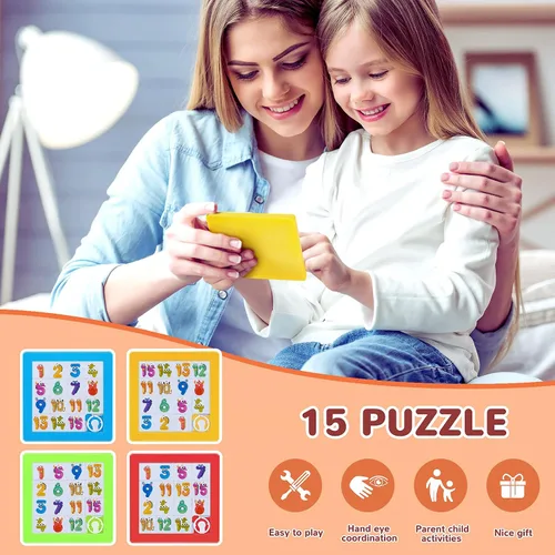 Vista 5 de Sumind 8 rompecabezas de diapositivas para niños, juego de rompecabezas de 15 números coloridos, bloques de coeficiente intelectual de plástico
