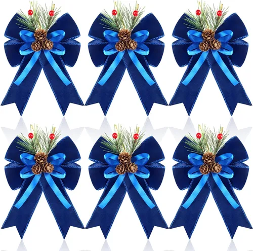 Vista 16 de Syhood - 6 lazos de Navidad a cuadros con piñas de pino, cintas de terciopelo negro, para corona de árbol de Navidad, decoración de fiestas