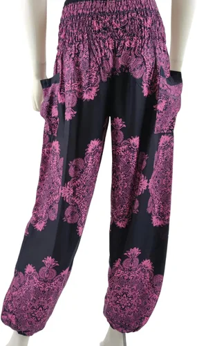Vista 5 de Kraft4Life Pantalones harén de yoga con cintura fruncida para mujer, estilo bohemio, bohemio, hippie, 2 bolsillos