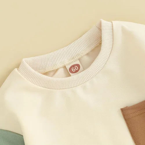 Vista 4 de Mameluco de manga larga con bloques de color para bebé, niño, niña, con bolsillo, cuello redondo, sudadera básica para otoño e invierno