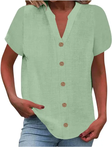 Vista 23 de Camisetas de verano para mujer, de manga corta, pétalos, de lino, con bolsillo, casual, con botones, blusas básicas
