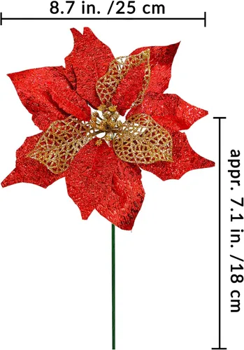 Vista 3 de Juego de 20 flores de pascua de 8.7 pulgadas de ancho, 3 capas de flores de Pascua rojas con purpurina, adornos para árbol de Navidad rojo, coronas