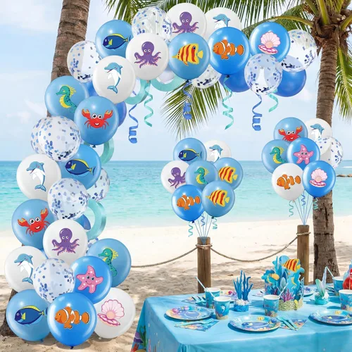 Vista 7 de Aoriher 50 globos de animales marinos para decoración de fiesta bajo el mar, fiesta de cumpleaños, globos de látex, tema oceánico para criaturas