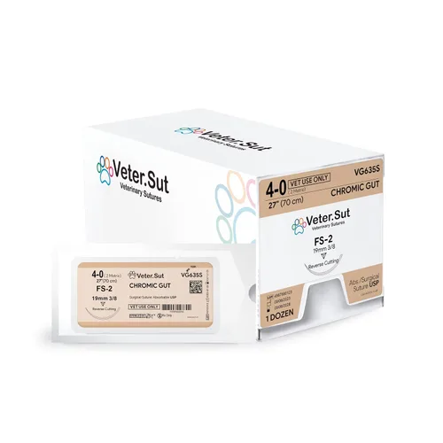 Vista 4 de Sutura quirúrgica absorbente intestinal VeterSut CHROMIC USP tamaño 4-0, (FS-2) 3/8 0.748 in aguja de corte inverso, 28 pulgadas (27.6 in), 12