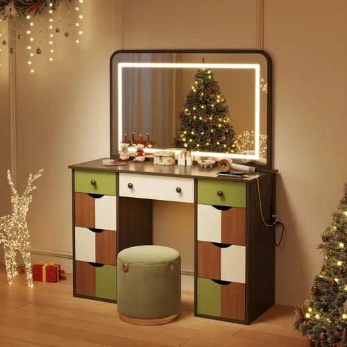 Vista 6 de wanan Escritorio de maquillaje con espejo y luces, mesa de tocador de madera con toma de corriente, escritorio de maquillaje bohemio elegante con 7