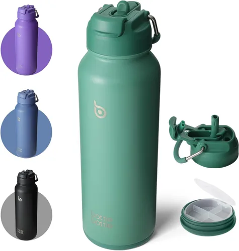Vista 18 de Botella Botella Botella de agua deportiva de 40 oz de acero inoxidable, botella de agua aislada con popote y porta pastillas Dual-use