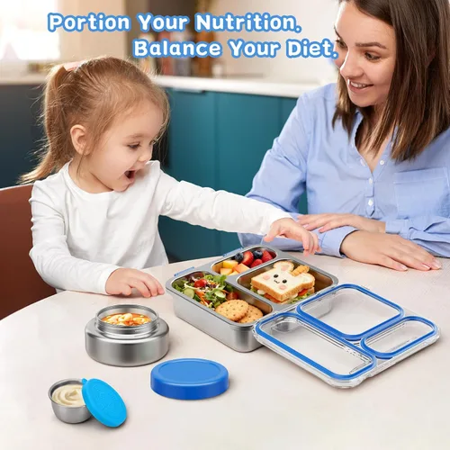 Vista 6 de Pawtong Caja Bento de Acero Inoxidable para Niños y Adultos con Frasco de Comida Aislado de 7 oz, Caja de Almuerzo de Metal con Tapa Transparente