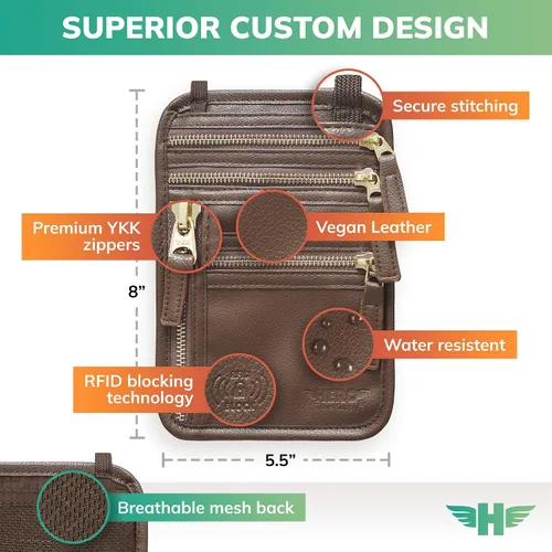 Vista 3 de HERO - Cartera para el cuello - Soporte para pasaporte con bloqueo RFID - Bolsa de viaje fácil de ocultar, Marrón, Cartera de viaje con cuello