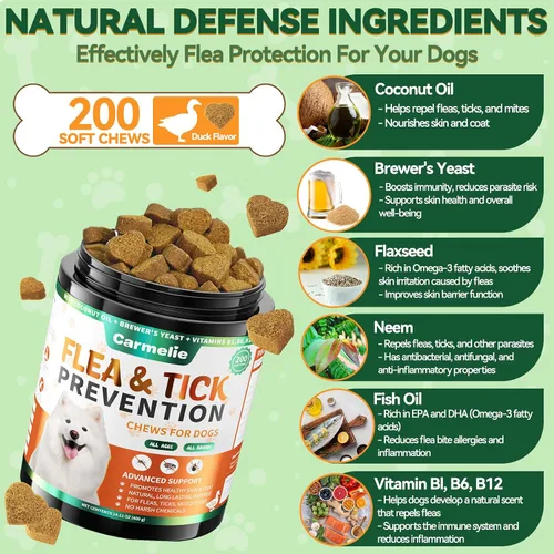 Vista 6 de Combo de pulgas masticables para gatos y perros, 200 masticables cada uno, prevención natural de pulgas y garrapatas para gatos y perros