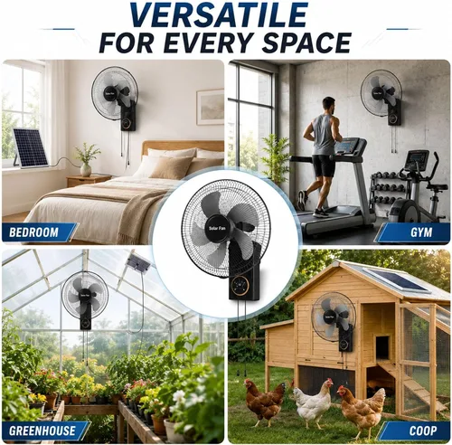 Vista 7 de 16" Solar Barn Fan for Chicken Coop and Greenhouse 90°Oscillating Fans with Remote Control, 5 Blades 3 Speeds, Adjustable Tilt, 16ft Extension Cable