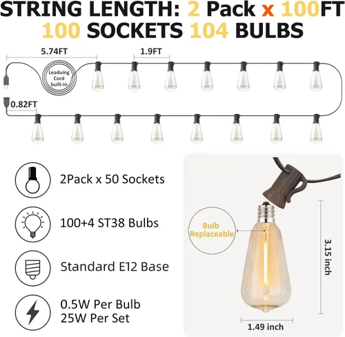 Vista 2 de 200 pies de luces de cadena LED al aire libre Edison para exteriores, impermeables, 2200K, luces de patio con 104 bombillas de plástico