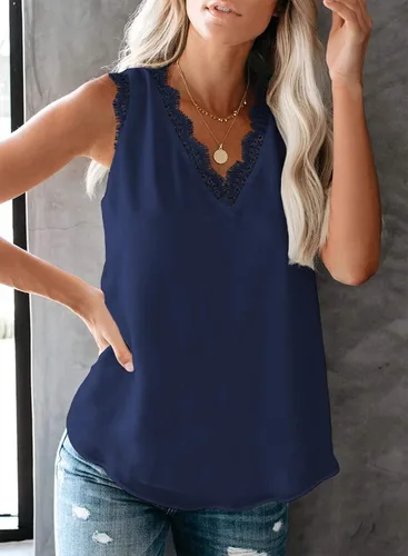 Vista 55 de VIISHOW - Camiseta sin mangas, sexy, con cuello en V y bordes de encaje para mujer, camisola de vestir, camisas de gasa, sin mangas, casuales