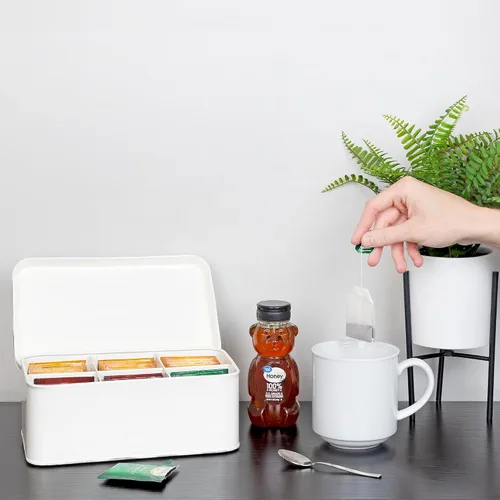 Vista 5 de AuldHome Farmhouse - Caja de té (blanca), estilo retro vintage esmaltado, lata de almacenamiento de té