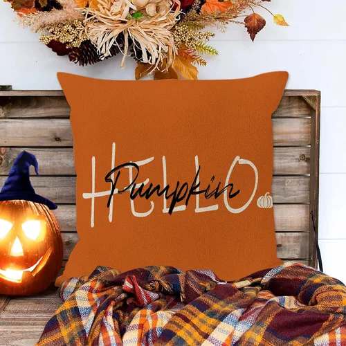 Vista 6 de JOOCAR Juego de 2 fundas de almohada de otoño, con texto en inglés «Hello Pumpkin», «Hello Fall», fundas decorativas de lino para sofá, decoración