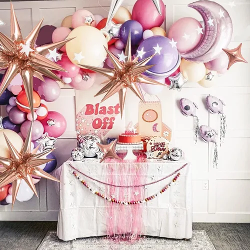 Vista 3 de Globos de lámina dorada rosa en forma de estrella paquete de 6 Starburst y Spike para bodas y fiestas