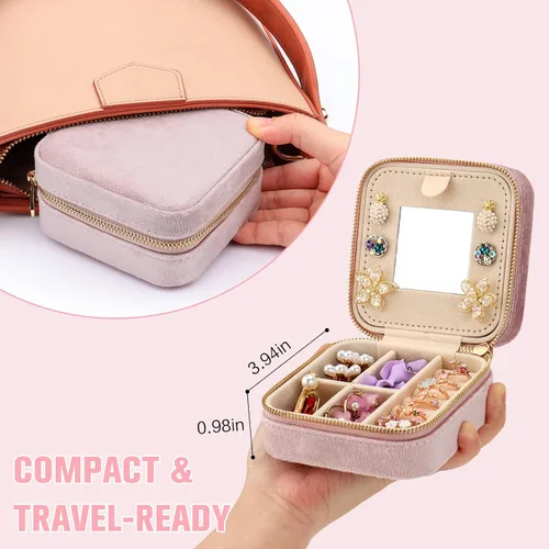 Vista 2 de DesignSter Joyero de viaje Mini organizador de joyería de terciopelo, pequeño joyero para niñas y mujeres, caja de almacenamiento de joyas