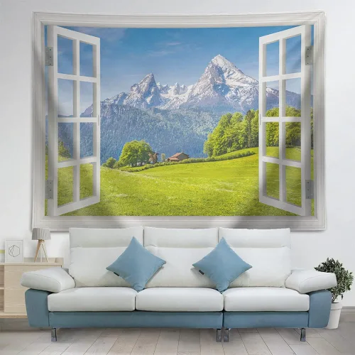 Vista 2 de Tapiz de naturaleza, montañas majestuosas en la temporada de primavera con cielo de hierba fresca y paisaje de cabaña de campo, vista de ventana