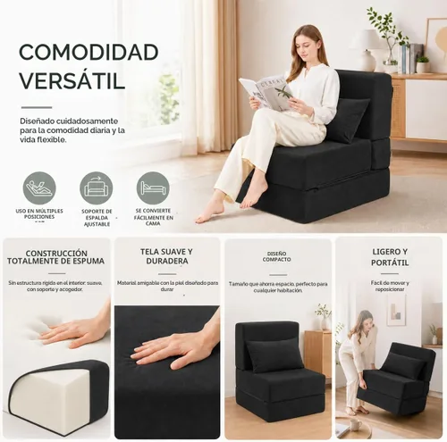 Vista 4 de Sofá cama plegable, silla convertible sin montaje, negro