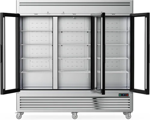 Vista 8 de Coolake Congelador comercial de 82 pulgadas, 3 puertas de vidrio, 72 pies cúbicos de acero inoxidable con luz LED, ventilador de -8 a 0 ℉