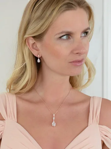 Vista 3 de Mariell Juego de collar y aretes de boda nupcial, colgante de circonita cúbica de oro rosa y aretes colgantes para novia, dama de honor, Metal Gema
