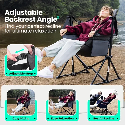 Vista 5 de Silla de camping hamaca para adultos con respaldo ajustable, silla hamaca plegable acolchada resistente que soporta 400 libras, silla hamaca