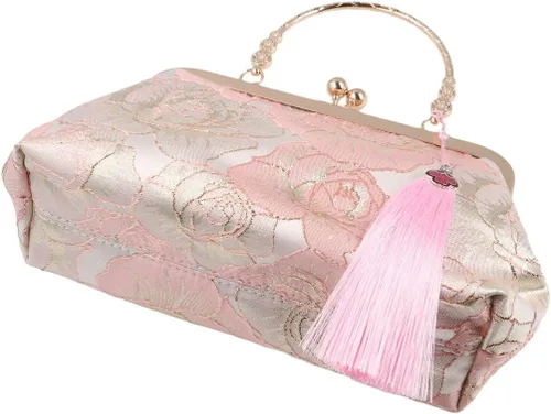 Vista 4 de Bolso vintage para mujer, bolso de noche con asa superior, bolso de banquete bordado, estilo chino, cartera, bolso de mensajero de hombro, Rosado