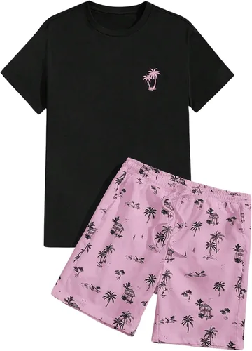 Vista 31 de GORGLITTER Conjunto de 2 piezas de camiseta gráfica de manga corta para hombre, estampado hawaiano con cordón y pantalones cortos