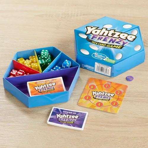 Vista 3 de Hasbro Gaming Yahtzee Frenzy Juego de dados y cartas, juego de dados de ritmo rápido, juegos de cartas para familias y niños, juegos familiares