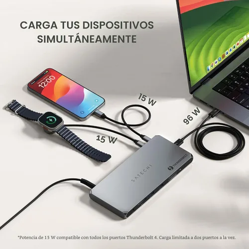 Vista 4 de Satechi Dock Thunderbolt 4 Carga de 100W, Monitor Dual HDMI 4K/60Hz, Transferencia de Datos 40Gbps, 2 USB-A 3.2, Ethernet, Dock Thunderbolt 4