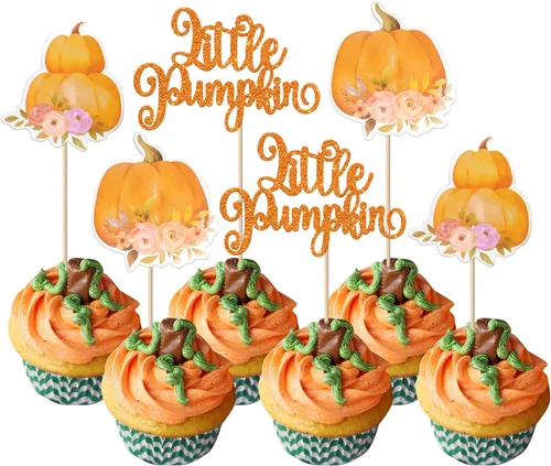 Vista 14 de Rsstarxi Paquete de 24 decoraciones de calabaza con purpurina para cupcakes de primer cumpleaños, decoración de pastel de calabaza para el primer