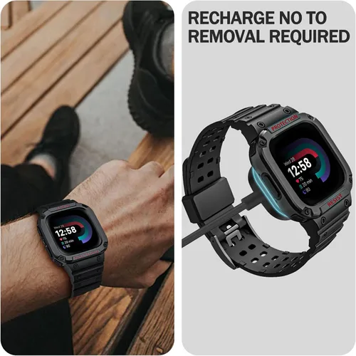 Vista 5 de Bandas Fintie con Estuche Compatible con Fitbit Versa 4/3/2/1/Versa Lite/Fitbit Sense 2/Sense, Estuche Protector con Correa Banda Deportiva Negro