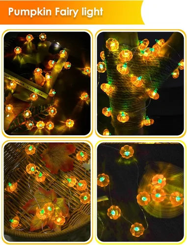 Vista 7 de Paquete de 2 guirnaldas de 30 luces LED de calabaza para decoración de otoño, funciona con pilas 20FT, 3D Pumpkin Fairy Twinkle Lights with Timer