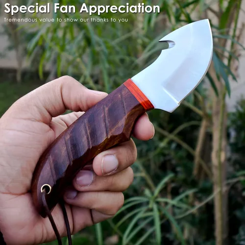 Vista 6 de AR - Cuchillo desollador hecho a mano de 7 pulgadas con gancho intestinal, cuchillo de caza de alta calidad, cuchillos hechos a mano