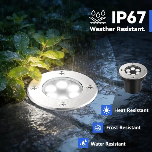 Vista 3 de JESLED Luces de paisaje de bajo voltaje, luces LED de pozo de 6 W IP67 impermeables, 6000 K luces blancas brillantes en el suelo con conectores