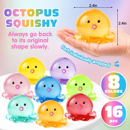 Vista 3 de VISCOO Paquete de 16 bolas antiestrés de pulpo para niños, juguetes blandos Multicolor