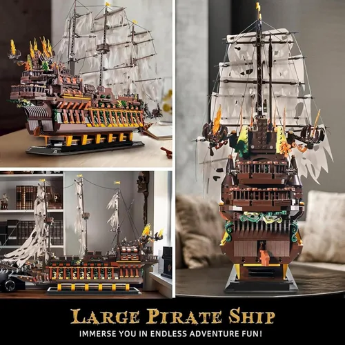Vista 9 de Mould King Kits de Bloques de Construcción de Modelo de Barco Pirata Grande, Bloque de Construcción de Barco Pirata Holandés MOC para Construir