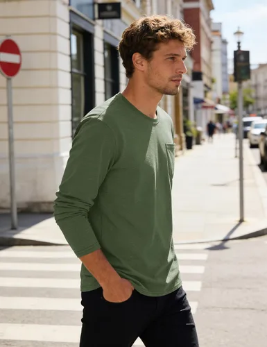 Vista 4 de Cotrasen Camisetas de manga larga para hombre, de algodón, cuello redondo, absorben la humedad, suaves, casuales, con bolsillo
